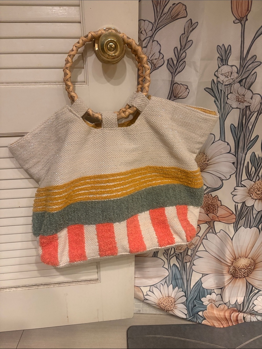 Paper Source Cream Tote with Mustard, Green and Coral Stripes